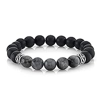 Spartan Mens Beaded Bracet with Matte Black Agate and Various Gems with 925 Sterling Silver Connectors - 10mm
