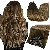 Full Shine Clip in Hair Extensions Triple Weft Brown Extensions for Women Clip ins 2/3/27 Ombre Mocha Brown Mix Honey Blonde Real Hair Clip in Human Hair 7Pcs 20 Inch for Long Hair