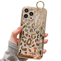 for iPhone 14 Pro Max Case Golden Plating Leopard Wrist Strap Holder and Finger Loop, Soft TPU Adjustable Wrist Strap Loop Kickstand Cute Print Pattern Design Women Girls Protective Cover