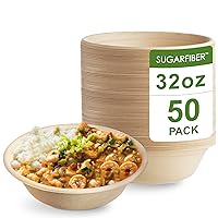 [50 Count]Sugarfiber by Harvest Pack 32oz Round Paper Bowls - Compostable Heavy-Duty Eco-Friendly Disposable Bagasse Bowls Sugarcane Natural plant fibers for Meal Prep Takeout Dinnerware