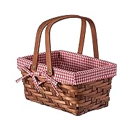 Wickerwise Small Rectangular Woodchip Picnic Baskets with Double Folding Handles, Natural Hand-Woven Basket Lined with Gingham Red and White Lining Great for Gifts