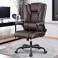 Office Chair, Executive Leather Chair Home Office Desk Chairs Ergonomic High Back Computer Chair with Lumbar Support, Flip-Up Armrest, Swivel Rolling Chair with Rocking Function (Coffee