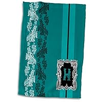 3D Rose Monogram Initial H in Teal White and Black Lace Hand Towel, 15