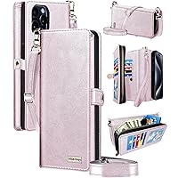 Leather for Apple iPhone 15 Pro Max Wallet Case with Card Holder Kickstand, Phone Accessories for Woman Men Women, 2 Pack Screen Protector 2 Pack Camera Lens Cover, Rose Gold