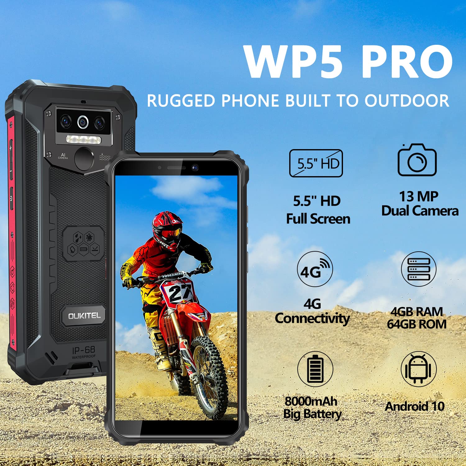 Rugged Cell Phone (2022), OUKITEL WP5 Pro 5.5''HD+ Screen, 8000mAh Battery Rugged Smartphone Unlocked, 4GB+ 64GB Android, Black