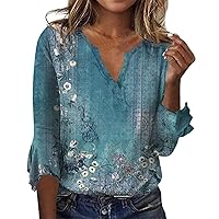 Womens T Shirts,Summer Tops for Women 2024 V Neck Bell 3/4 Sleeve T Shirts Plaid Color Trendy Loose Fit Holiday Blouse Top Long Sleeve Shirts for Women