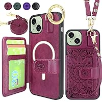 Harryshell Crossbody Magnetic Wallet Case for iPhone 15 Plus/iPhone 14 Plus Compatible with MagSafe Wireless Charging Protective Phone Cover Card Slots Holder Kickstand Lanyard (Floral Wine Red)