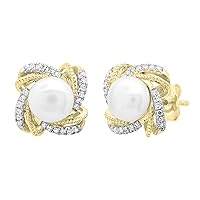 Dazzlingrock Collection 6 MM Round White Cultured Freshwater Pearl & White Diamond Squared Double Swirl Stud Earrings for Women | Available in 10K/14K/18K Gold & 925 Sterling Silver