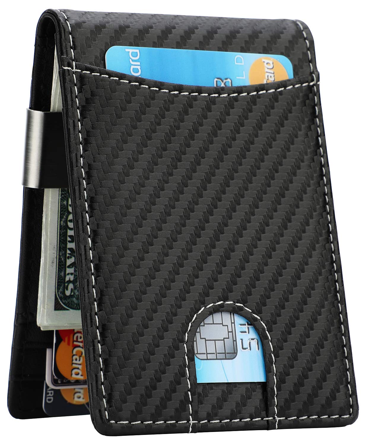 GDTK Money Clip Wallet - Mens Slim Front Pocket Leather Wallet RFID Blocking Minimalist Mini Wallet (Carbon Fiber/White Line)