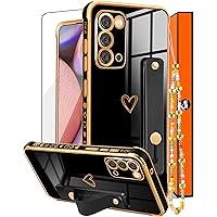 Likiyami (3in1 for Samsung Galaxy Note 20 Case Heart Women Girls Cute Girly Aesthetic Trendy Luxury Pretty with Loop 5G Phone Cases Black and Gold Plating Love Hearts Cover+Screen+Chain -6.7 inch