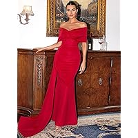Summer Dresses for Women 2022 Ruched Off Shoulder Draped Satin Formal Dress (Color : Red, Size : X-Large)