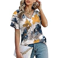 Bofell Womens Tops Dressy Casual Ruffle Short Sleeve V Neck Summer Shirts and Blouses Flora