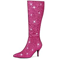 Allegra K Women's Sparkle Glitter Pointy Toe Stiletto Heel Knee High Boots