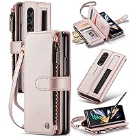 ASAPDOS Samsung Galaxy Z Fold 4 Wallet Case with S Pen Holder,PU Leather Zipper Folio Screen Protector Flip Case with Magnetic Closure[S-Pen Fully Compatible],Card Holder and Kickstand(Rose Gold)
