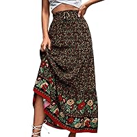 Womens Maxi Skirts Ditsy Floral Print Boho Skirts 2024 Bohemian Pleated Long Skirt Split Elastic Waist Beach Skirt