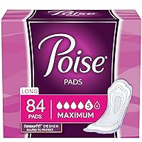 Poise Incontinence Pads for Women, Maximum Absorbency, Long, 84 Count (2 Packs of 42) (Packaging May Vary)