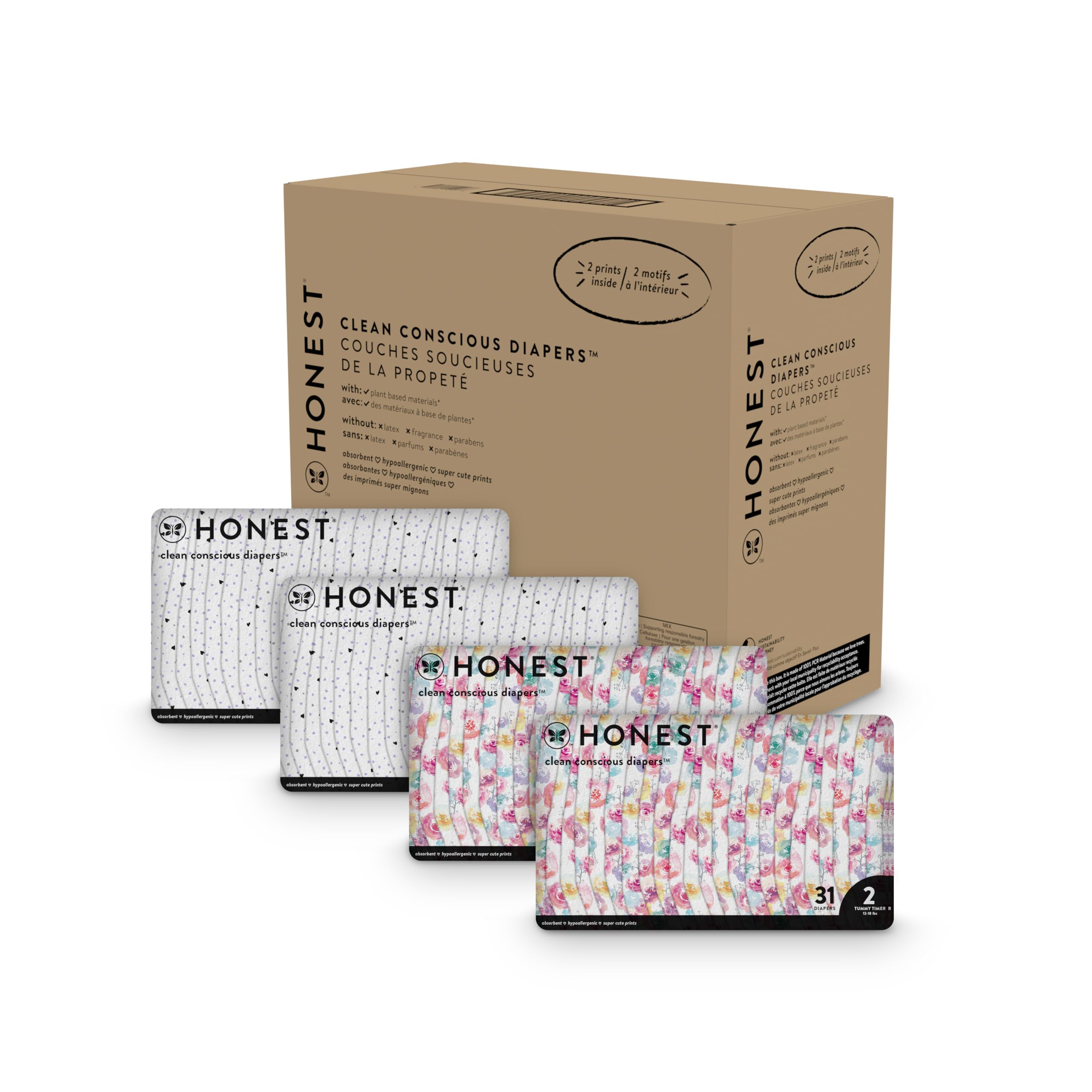 The Honest Company Clean Conscious Diapers | Plant-Based, Sustainable | Young at Heart + Rose Blossom | Super Club Box, Size 2 (12-18 lbs), 124 Count