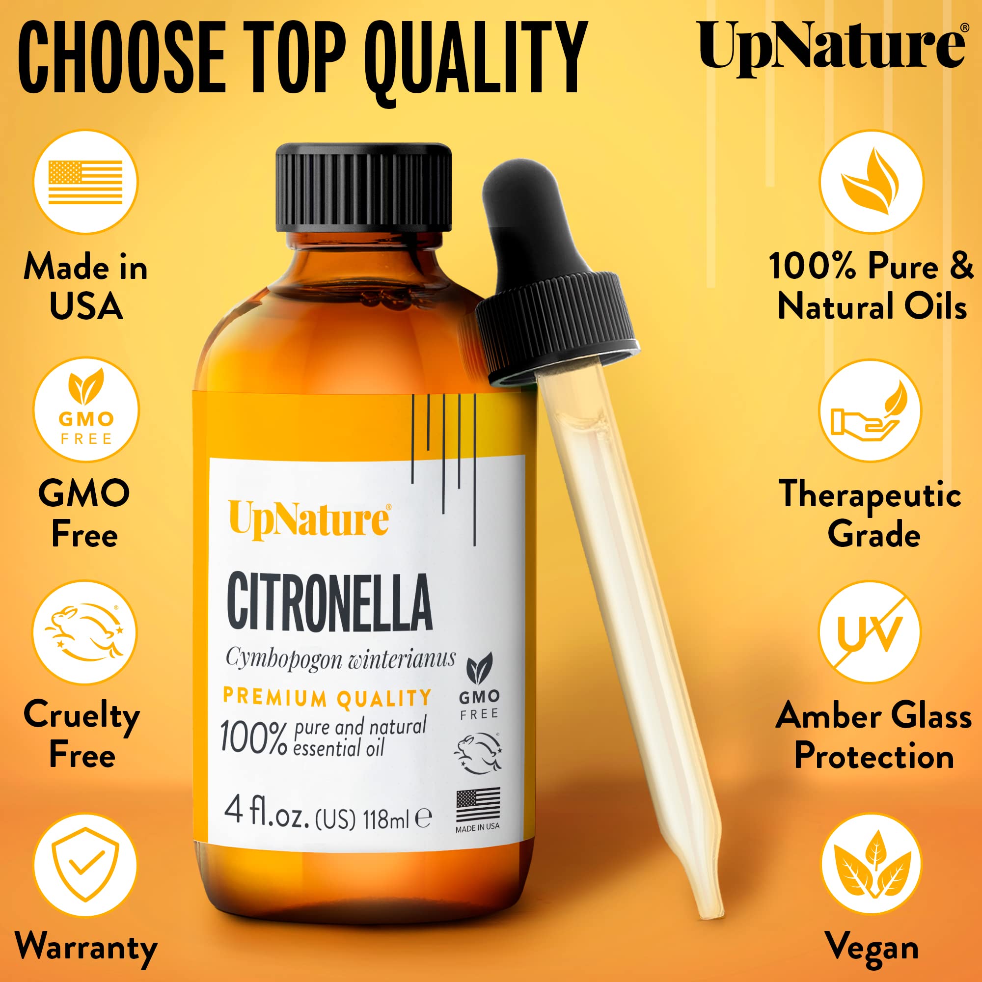 UpNature Citronella Essential Oil - 100% Natural & Pure, Undiluted, Premium Quality Aromatherapy Oil- Keeps Insects and Mosquitos Away Naturally - Treat Fevers & Headaches, 4oz
