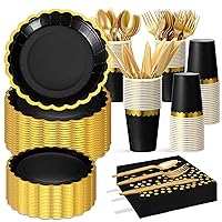 700 Pcs Disposable Dinnerware Set Plates and Napkins Party Supplies Sever 100 Guests Gold Rim Plates Cups Gold Plastic Knives Spoons Forks Golden Dot Napkins Wedding Graduation Birthday (Black)