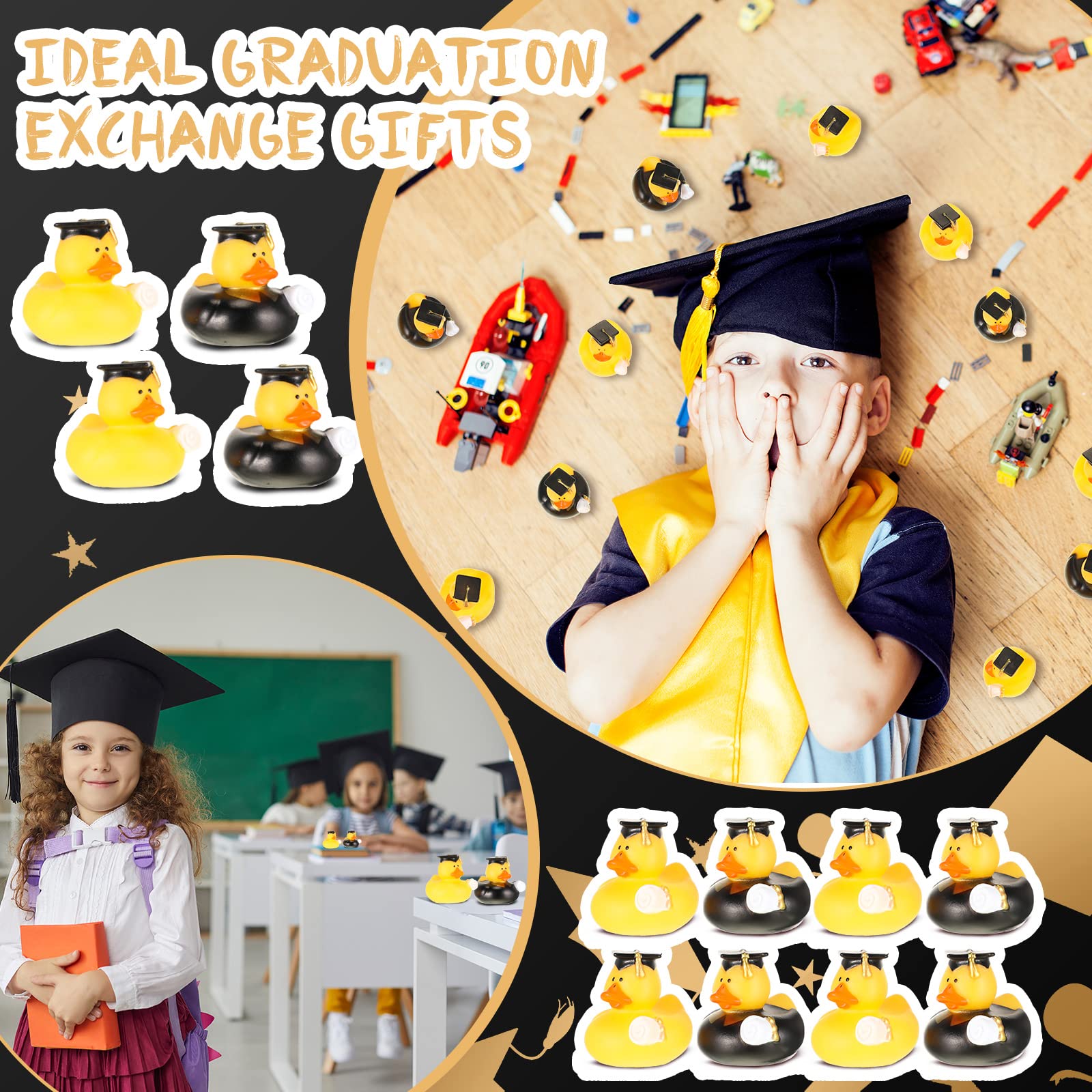 Hinly 48 Pcs Mini Graduation Rubber Ducks 2023 with Graduation Tassel Cap and Certificate Glitter Gold Yellow Grad Duck for Pool Float Party Favors Decoration Classroom Reward Prize Gifts, 2 Inch