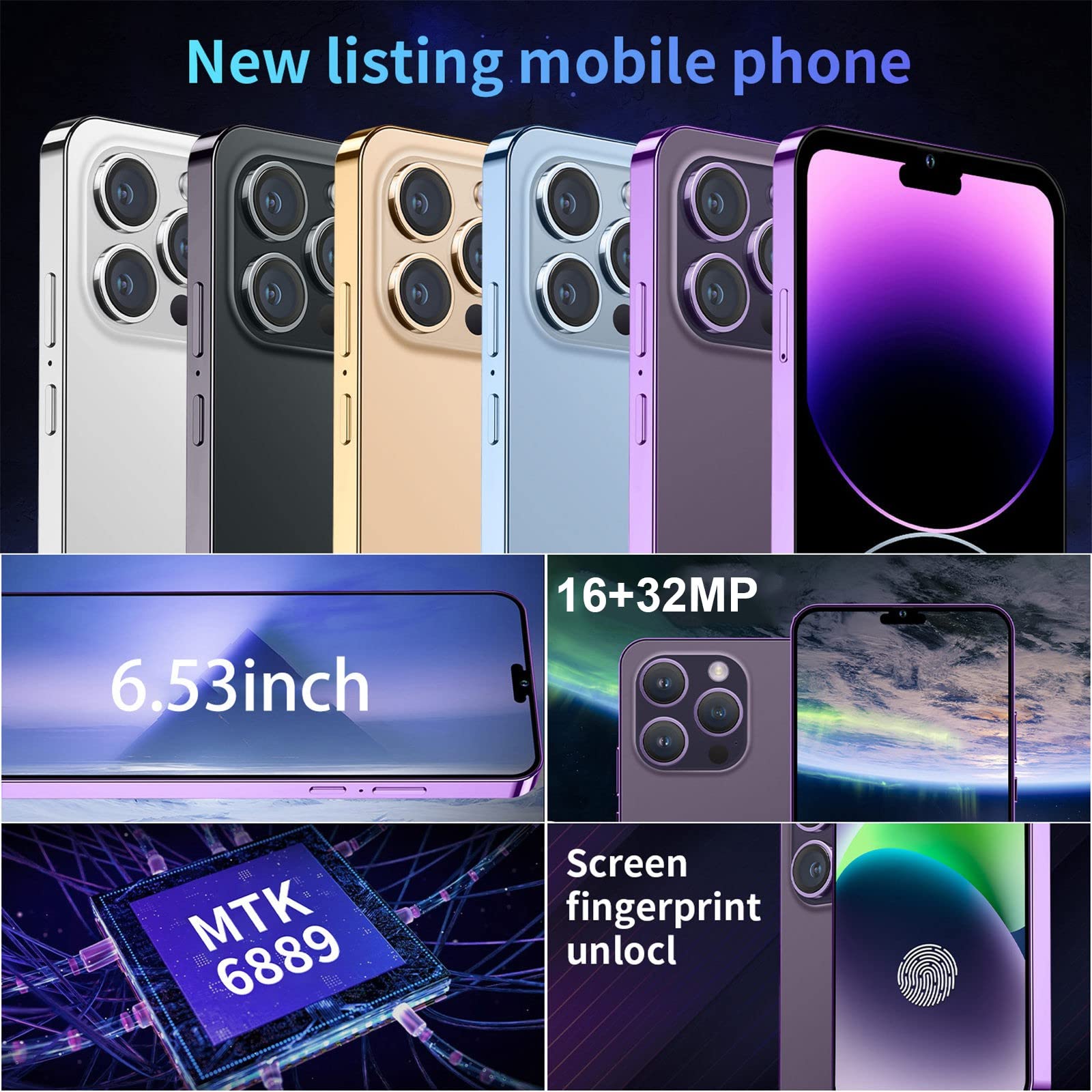 Unlock and Refurbished Smartphone Android 10 6GB+64GB Unlocked Phone Dual Sim 6.53in Unlocked Phone Face ID + Fingerprint GSM 5G Smartphone Car Dashboard Phone Mount (Purple, A)