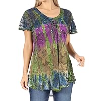 Sakkas Dina Relaxed Fit Sequin Tie Dye Embroidery Cap Sleeves Blouse/Top