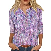 Blouses for Women Dressy Casual 3/4 Sleeve Button Up Shirts Trendy Summer Going Out Tops Floral Graphic Printed Tees