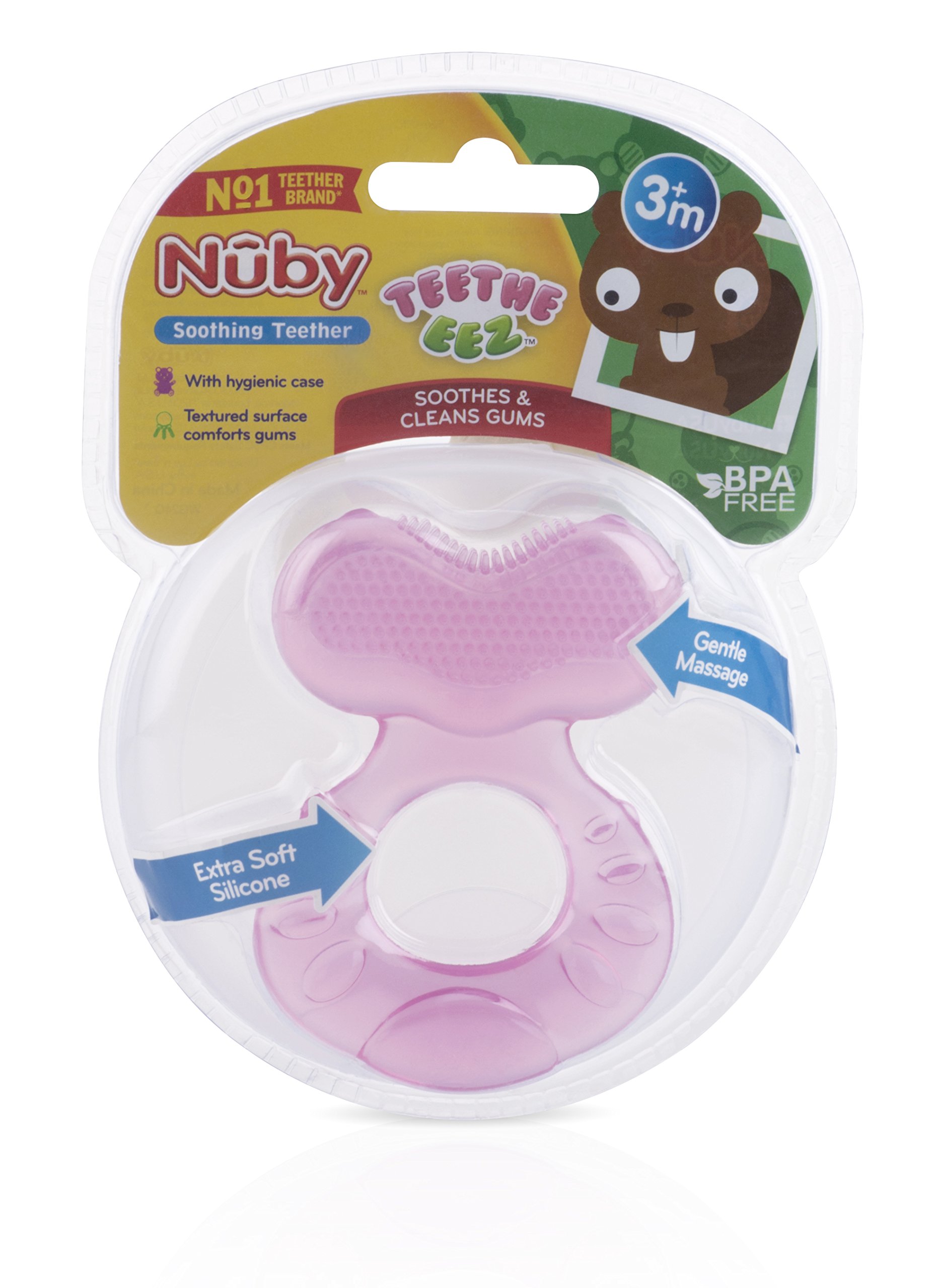 Nuby Silicone Teethe-eez Teether with Bristles, Includes Hygienic Case, Pink