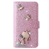 XYX Wallet Case for Xiaomi Redmi Note 10S, Bling Glitter Fox Butterfly Diamond Flip Card Slot Luxury Girl Women Phone Cover, Pink