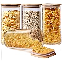 Square Glass Jars with Bamboo Lids 53 FL OZ [Set of 4], Glass Canisters with Airtight Lid, Glass Food Storage Containers for Pasta, Cereal, Coffee, Flour, Sugar, Best for Kitchen & Pantry
