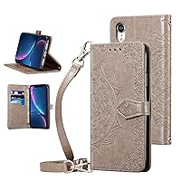 QLTYPRI Case for iPhone XR, Crossbody Phone Case with Card Slot Holder Wrist Strap Purse Cute Mandala Pattern with Adjustable Cross Shoulder Strap Shockproof Cover for iPhone XR - Grey