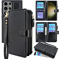 Compatible with Samsung Galaxy S23 Ultra 5G 2023 Case,[12 Card Slots] ID Credit Cash Holder Zipper Pocket Detachable Magnet Leather Wallet Cover with Wrist Strap Lanyard (Black)