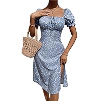 Floerns Women's Ditsy Floral Sweetheart Puff Sleeve A Line Midi Dress