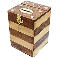 Dual Tone Square Wooden Piggy Bank Money Box Handmade with Lid and Brass Inlay - Christmas Gifts for Boys, Girls Kids, Adults & Children