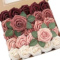 Artificial Flowers 25pcs Real Looking Burgundy Ombre Colors Foam Fake Roses with Stems for DIY Red Wedding Bouquets Bridal Shower Centerpieces Floral Arrangements Party Tables Home Decorations