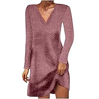 Sequin Dress for Women's Long Sleeve Dresses Shiny Sparkly V Neck Mini Dress Rave Party Cocktail Concert Prom Gowns Clubwear