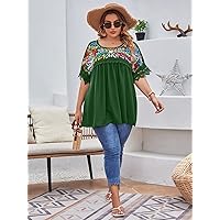 Oversized t Shirts for Women Plus Plants Embroidery Lace Cuff Blouse t Shirts for Women (Color : Green, Size : 0XL)