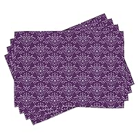 Ambesonne Eggplant Place Mats Set of 4, Damask Pattern with Symmetrical Abstract Leaves and Swirls Forming Unified Look, Washable Fabric Placemats for Dining Room Kitchen Table Decor, Purple Lilac