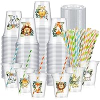 60 Pcs Jungle Safari Animals Cups with Lids and Paper Straws 14 oz Disposable Clear Plastic Cups for Wild Animals Baby Shower Birthday Party Favor Supplies Jungle Party Decorations