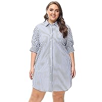 MCEDAR Women's Oversized Short-Sleeve Shirt Dress Plus Size Casual Button Shirt Dress with Pockets Solid Stripe (S-4X)