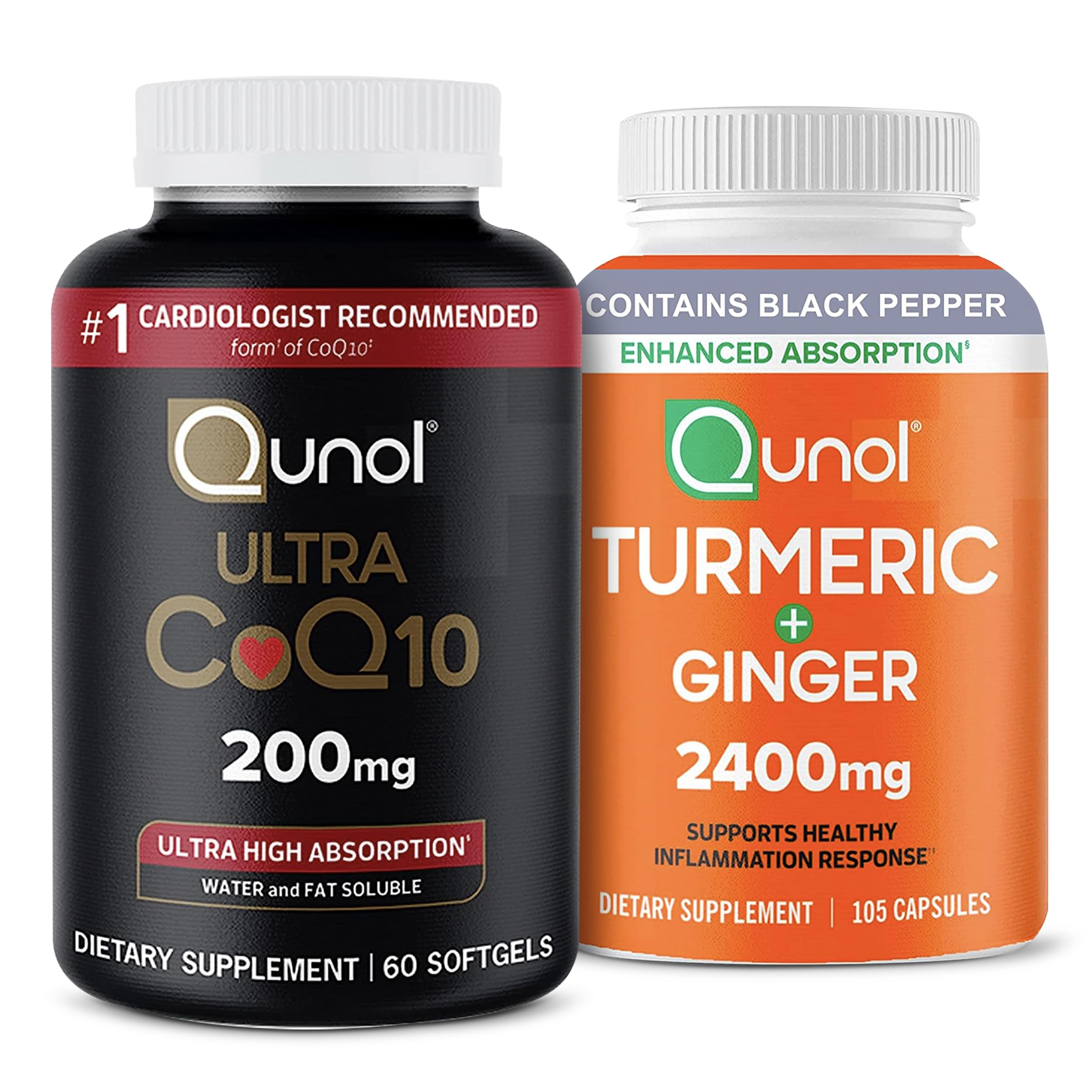 Qunol CoQ10 200mg Softgels, Ultra High Absorption 2 Month Supply, 60 Count + Turmeric Curcumin with Black Pepper & Ginger, 2400mg Turmeric Extract with 95% Curcuminoids, 105 Count