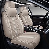 Deluxe Faux Leather Full Coverage Car Seat Cover Anti-Slip Universal Fits for Sedans SUV Pick-up Truck with Headrests,Interior Accessories, Light Khaki & White Strip