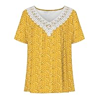 Womens Floral T Shirts Lace Vneck Neck Tee Tops for Women Short Sleeve Ruched Summer Fall Shirts 2024