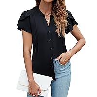 Blooming Jelly Womens Summer Dressy Casual Tops Business Casual Button Down Shirts Work V Neck Short Cap Sleeve Blouse