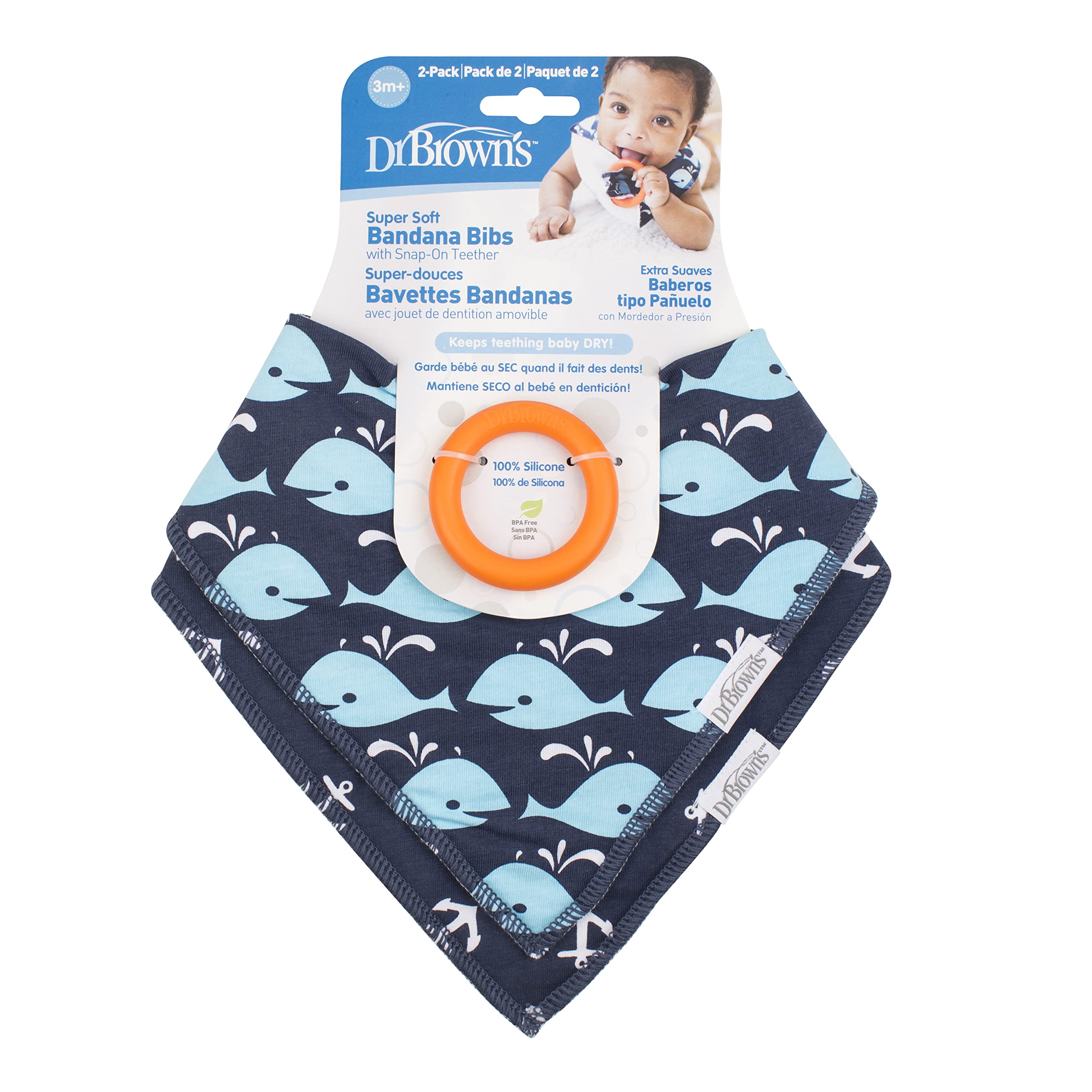 Dr. Brown’s Bandana Bib with Snap-On Removable Teether, Cotton Baby Bib with Soft Fleece Lining for Teething & Drooling, 3m+, 2-Pack, Navy Whales & Anchors