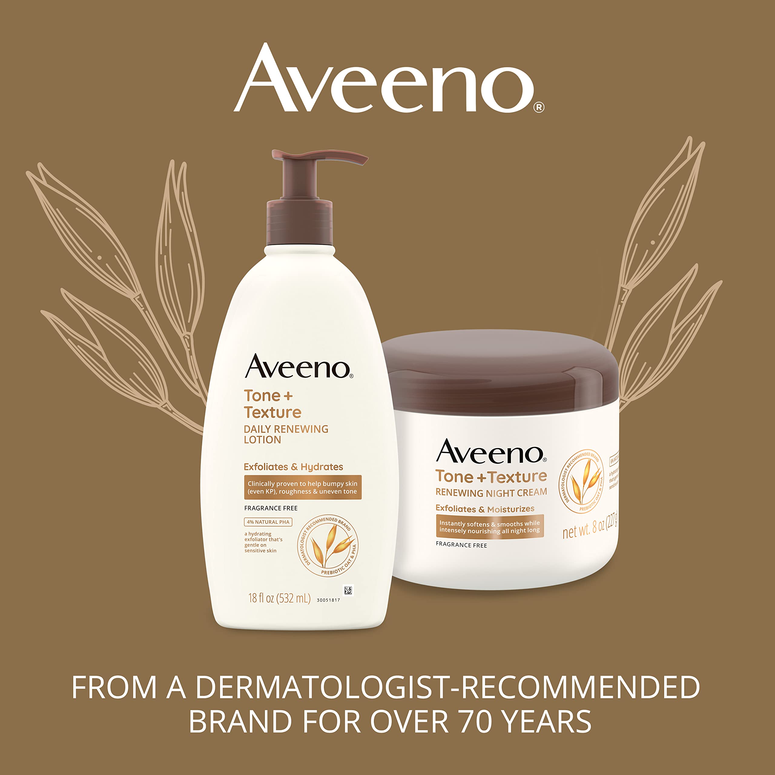 Aveeno Tone + Texture Renewing Night Cream With Prebiotic Oat, Gentle Cream Exfoliates & Moisturizes Sensitive Skin, Instantly Softens & Smooths & Intensely Nourishes, Fragrance-Free, 8 Oz