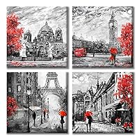 Paimuni Black White Red Contemporary Wall Art Big Ben Eiffel Tower Berlin Street Oil Painting Printed on Canvas Romantic Picture Framed Artwork Prints for Wall Decor 12x12 Inches