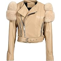 Women’s Beige Genuine Lambskin Leather Jacket With Fluffy Shearling Faux Fur Sleeves Comfort And Style