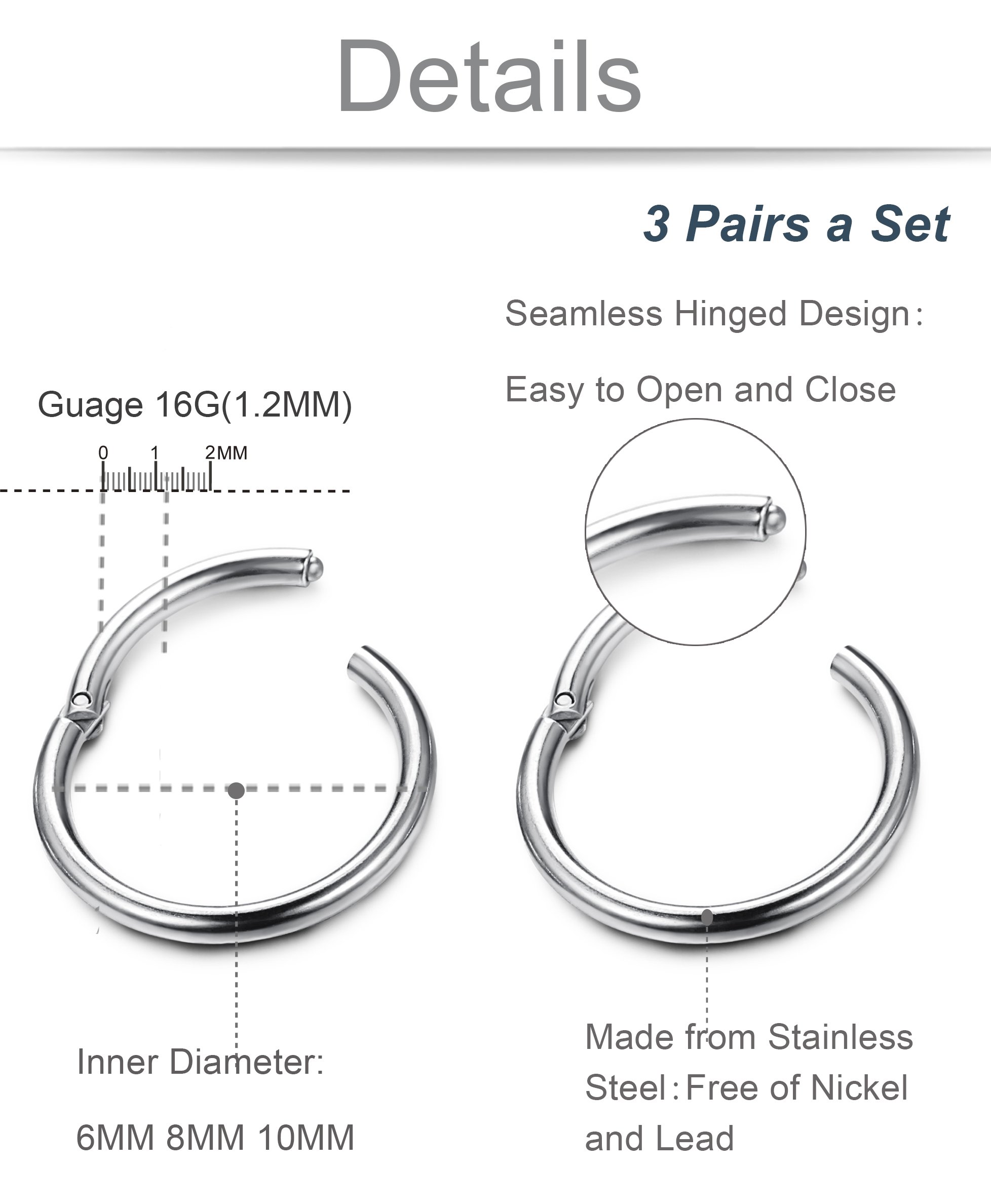THUNARAZ 3-6Pairs Stainless Steel 16G Sleeper Earrings Septum Clicker Nose Lip Ring Body Piercing