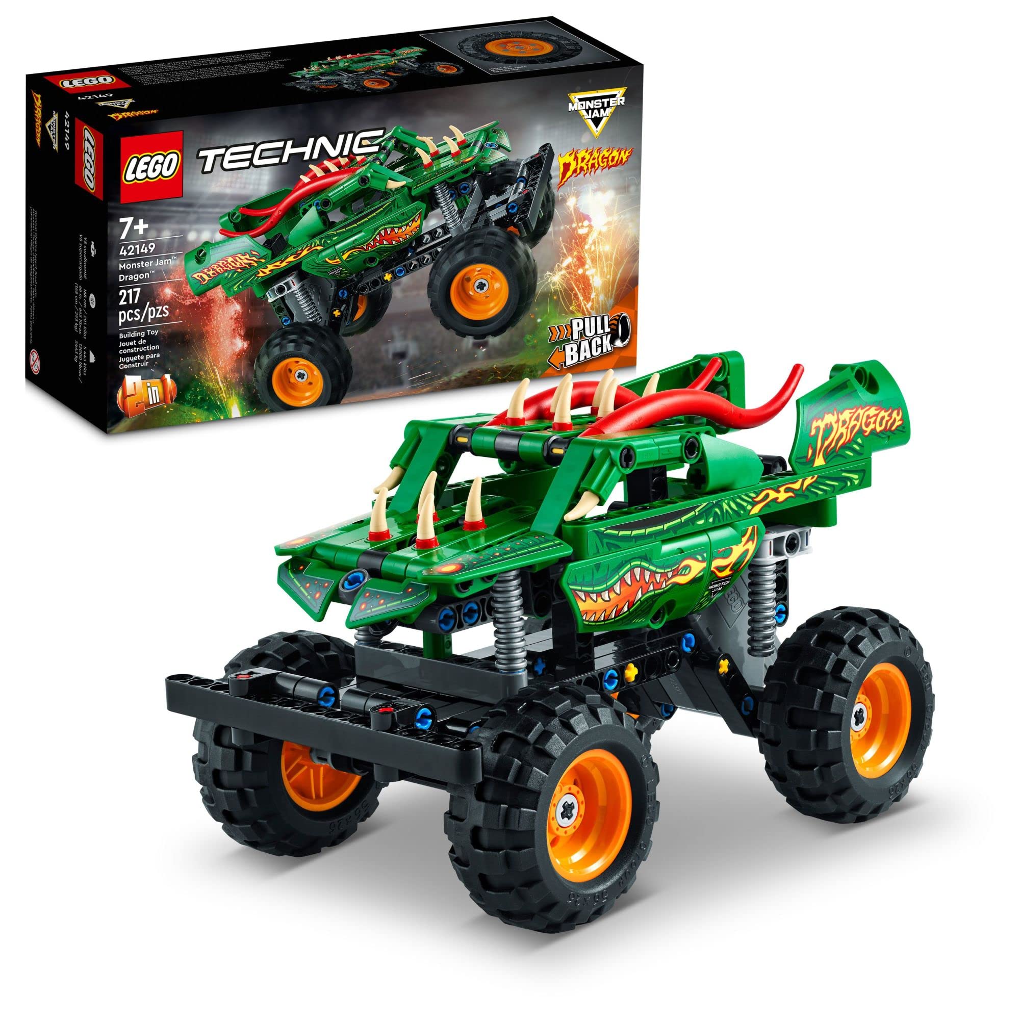 LEGO Technic Monster Jam Dragon 42149, Monster Truck Toy for Boys and Girls, 2in1 Racing Pull Back Car Toys for Off Road Stunts, Kids Birthday Gift Idea, Great Summer Toy and Summer Activity for Kids
